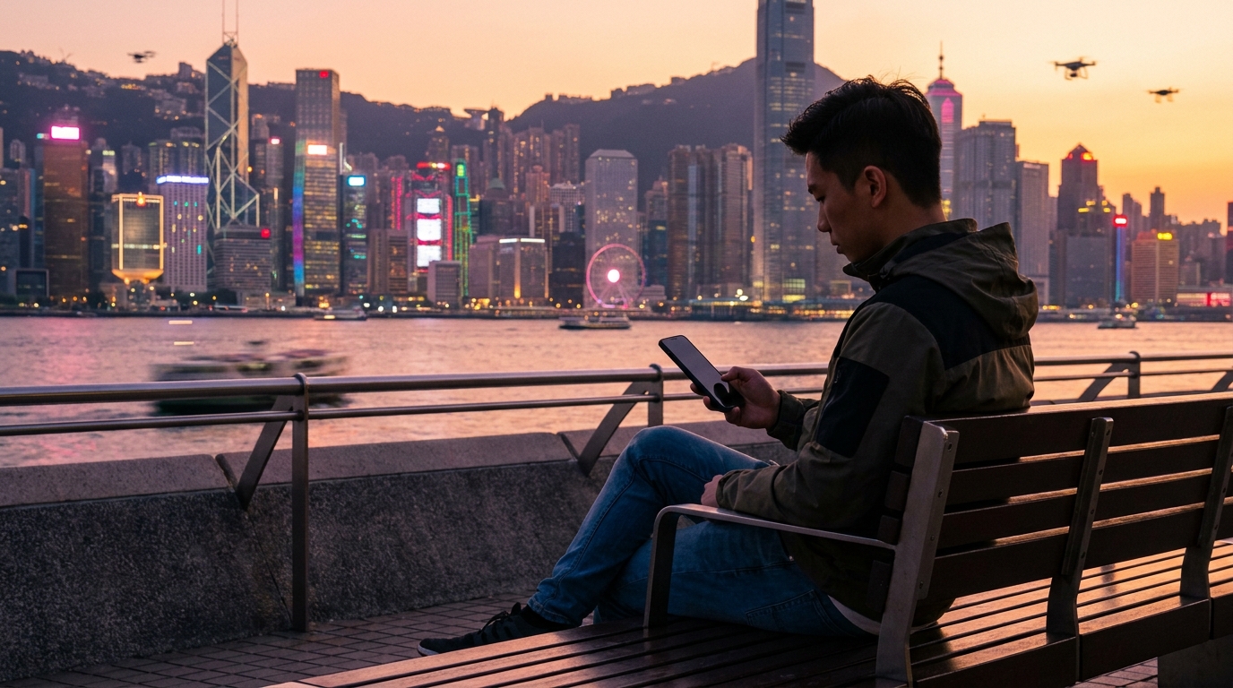 一個年輕香港男士喺海傍長椅上用智能手機，背景係維港日落，燈光柔和，畫面充滿都市科技感