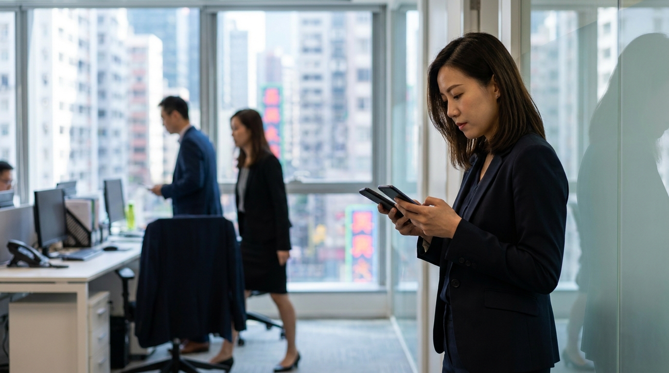 一個穿著整齊西裝嘅女士喺現代化辦公室入面，手持兩部智能手機，正專注地睇住屏幕，背景有模糊嘅同事行過