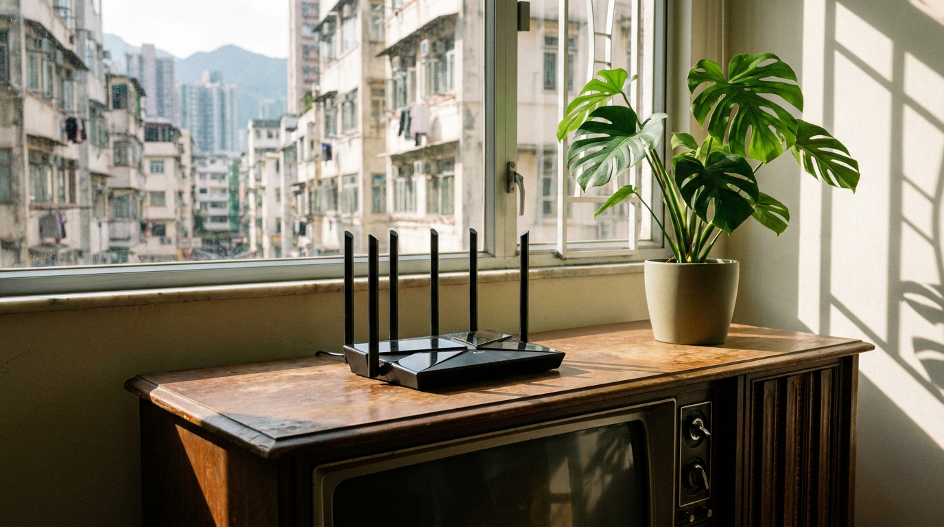 一隻黑色多天線嘅無綫路由器擺喺木製電視櫃上面，旁邊有綠色盆栽點綴，陽光從窗外透射入屋