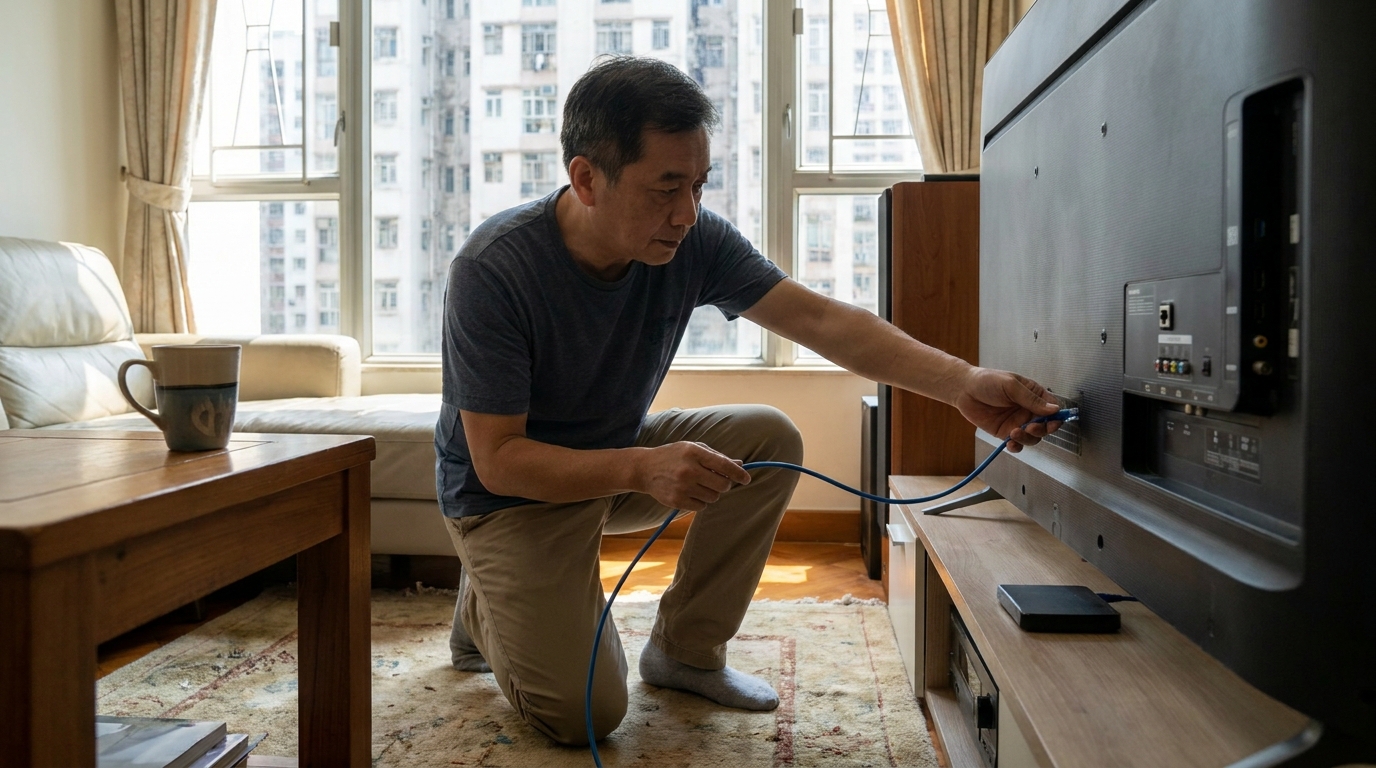 一位男士坐喺客廳梳化，手上拿住一條藍色嘅網絡實體線準備插落去電視機背面，旁邊有個咖啡杯，室內光線明亮