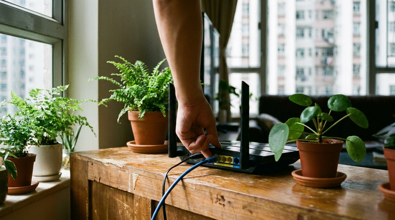 a hand plugging a blue ethernet cable into the back of a black router, the router is placed on a wooden TV cabinet with a small green potted plant nearby