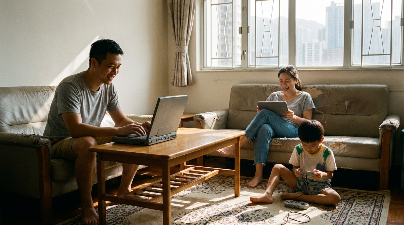 a family in the living room using different electronic devices, the father typing on a laptop, the mother smiling at a tablet, two kids playing with video game controllers on the rug, sunlight shining through the window creating a warm atmosphere
