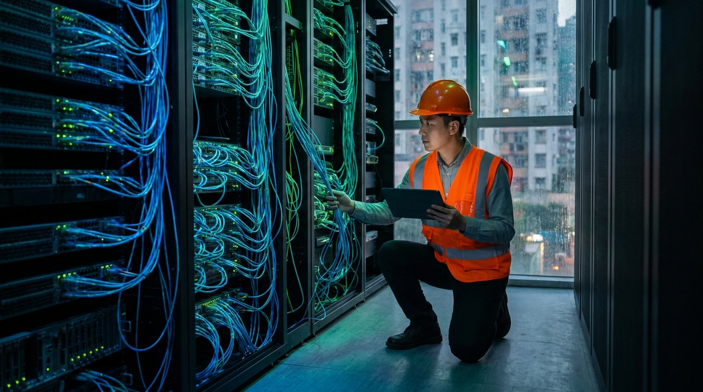 A high-tech server room with glowing blue and green fiber optic cables, a network engineer in a high-vis vest inspecting the equipment with a tablet, dramatic lighting