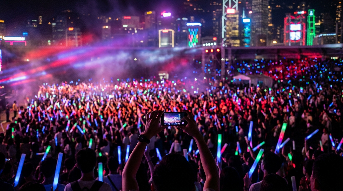 A huge crowd of young people in a stadium at a night concert, holding glowing light sticks, a person in the foreground taking a clear photo with a smartphone, vibrant concert lighting