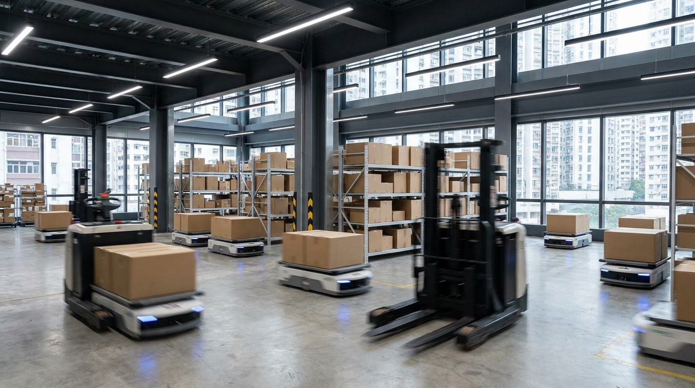 A modern warehouse interior with autonomous robotic forklifts moving boxes, blurred motion showing speed, bright overhead industrial lighting