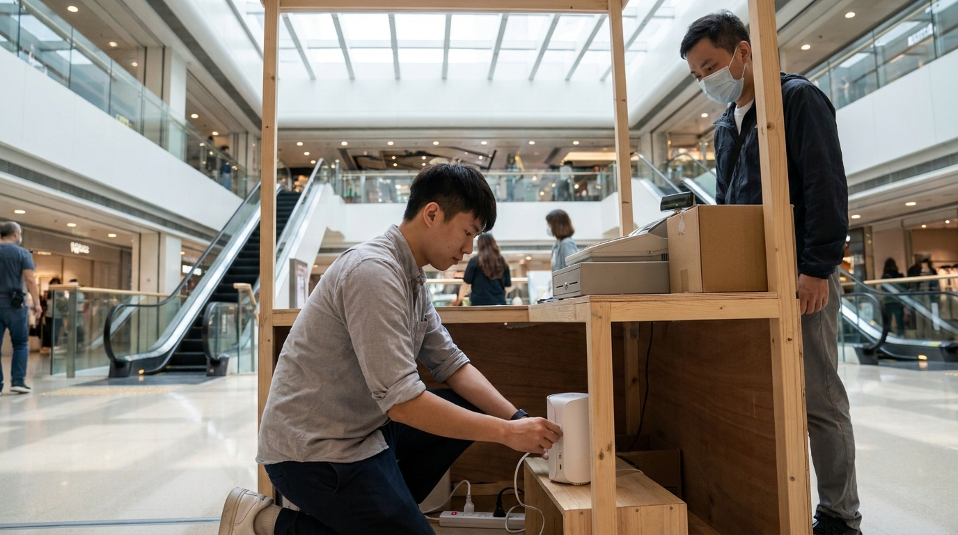a young shop owner at a temporary booth in a mall atrium plugging a white cylindrical router into a power socket, with a cash register and customers nearby