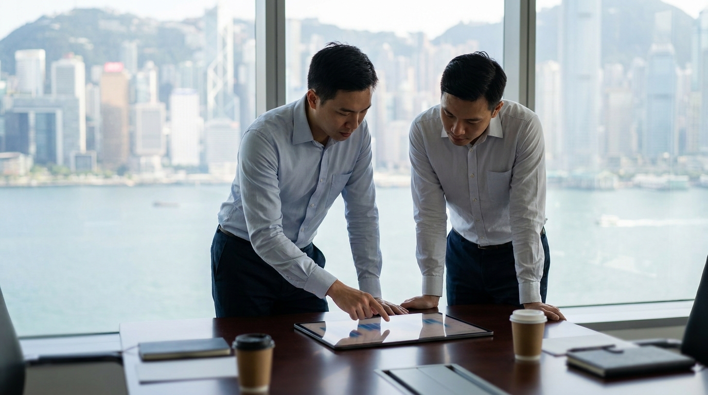 two business professionals in neat shirts looking intently at data charts on a tablet at an office conference table