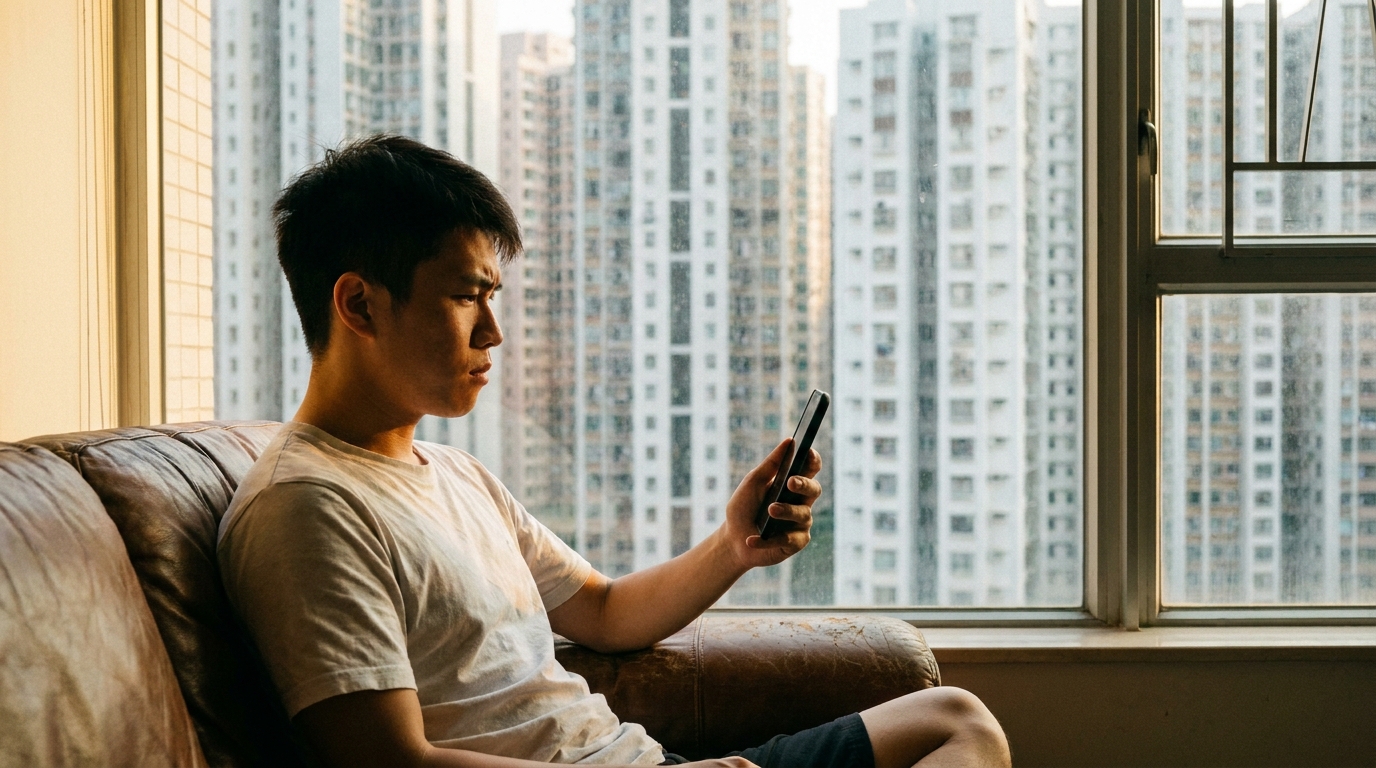 一個年輕男士坐喺客廳梳化，手持一部黑色智能電話，眉頭深鎖，望住窗外密密麻麻嘅香港高樓大廈，室內燈光柔和，有少少陽光由窗外透入