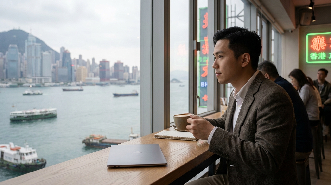 一個年輕香港專業人士坐喺咖啡室窗邊，飲緊咖啡，望住維港海景，枱面放住一部輕薄手提電腦，氣氛休閒舒適