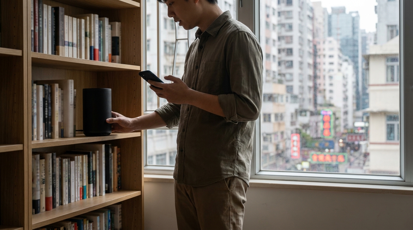 一個人手持智能電話站在書架旁，書架上放著一個黑色簡約設計的 Mesh Wi-Fi 路由器，該人士正在操作電話調整網絡設定