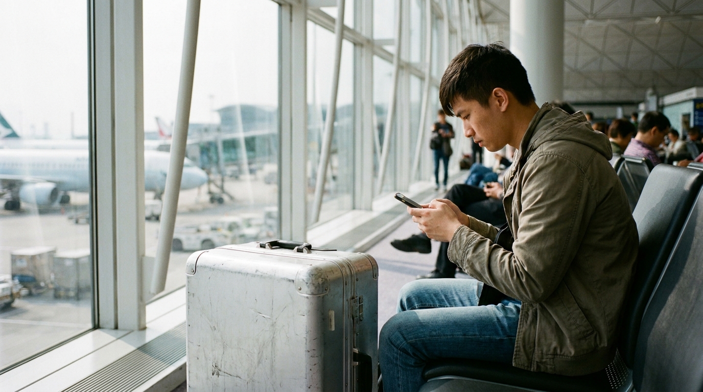 a young man in an airport lounge with a silver suitcase next to him, looking intently at his smartphone, with large floor-to-ceiling windows and airplanes in the background