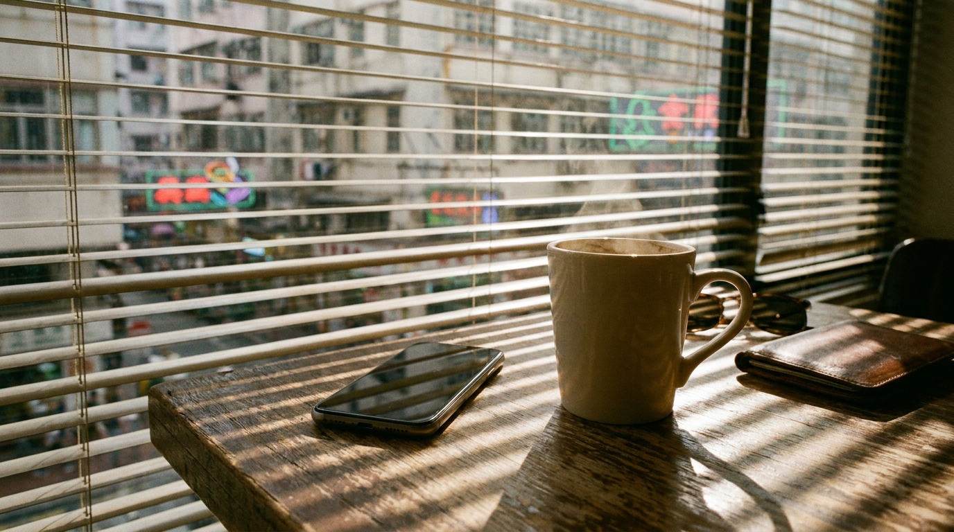 a hot cup of coffee on a wooden table next to a latest smartphone, with sunlight filtering through blinds onto the table, creating a relaxed travel vibe