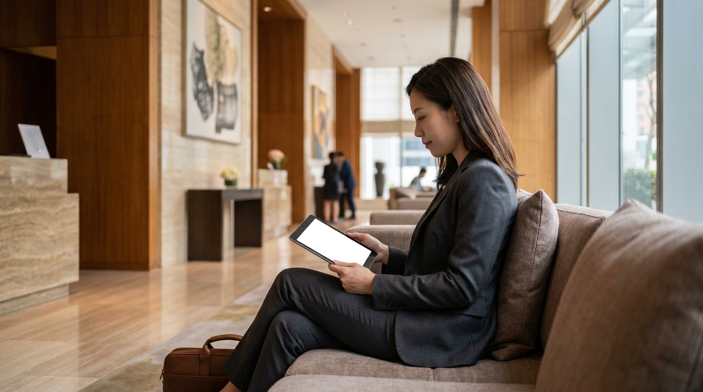 a smartly dressed woman in a suit sitting on a sofa in a hotel lobby using a tablet, with a briefcase next to her, in a softly lit and modern environment