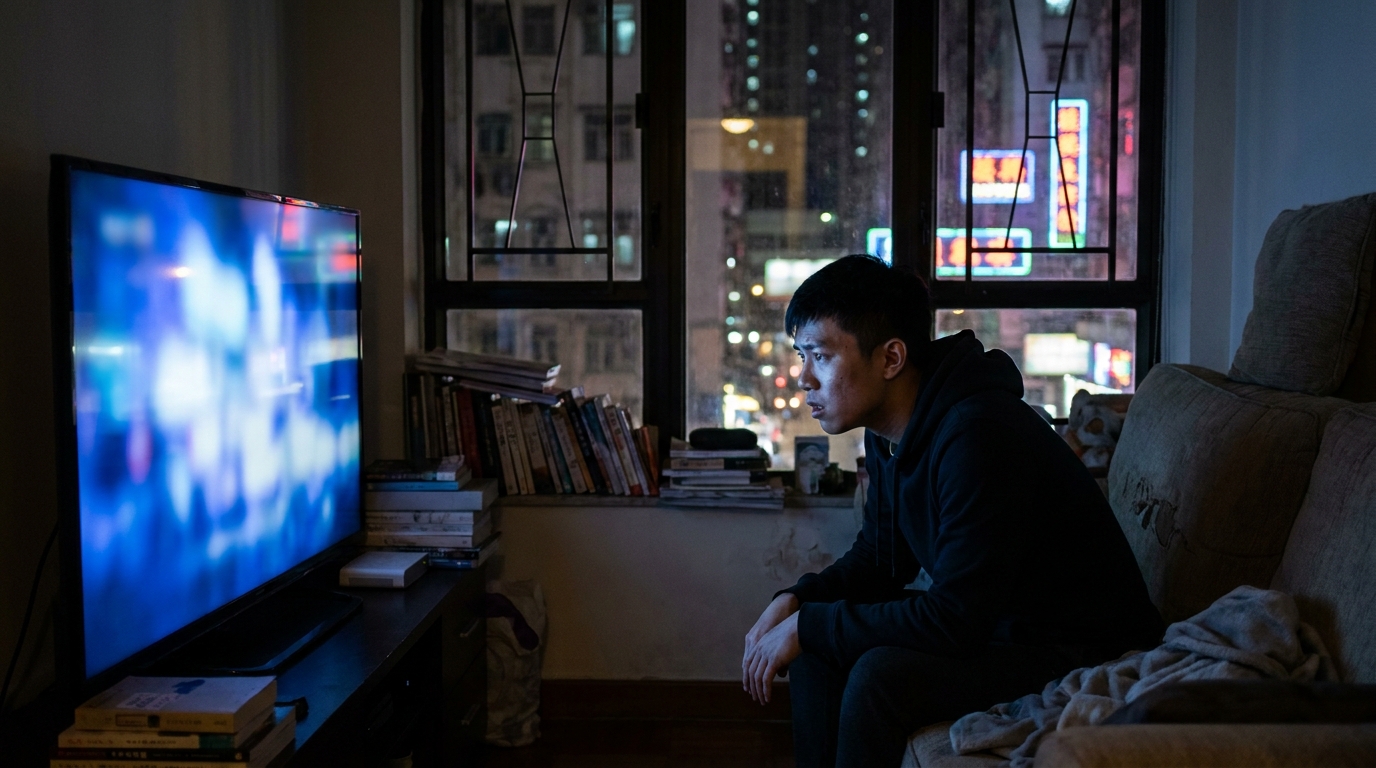 一個年輕男士坐喺客廳梳化，夜晚熄晒燈，專心望住前方發光嘅大電視，電視光線反映喺佢塊面度，氣氛緊張