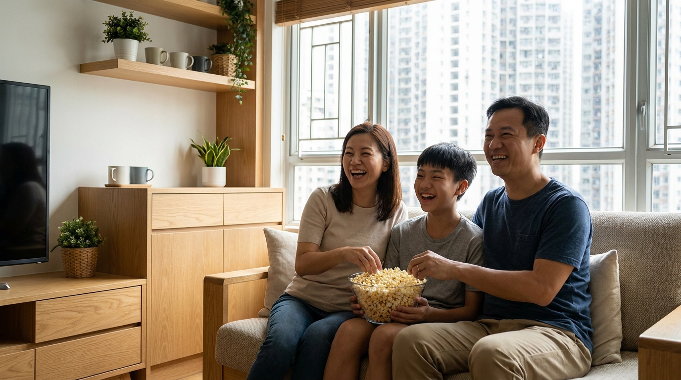 一個香港家庭三口子坐喺木系裝修嘅客廳，笑得好開心咁一齊食住爆谷望住電視方向，光線溫馨柔和