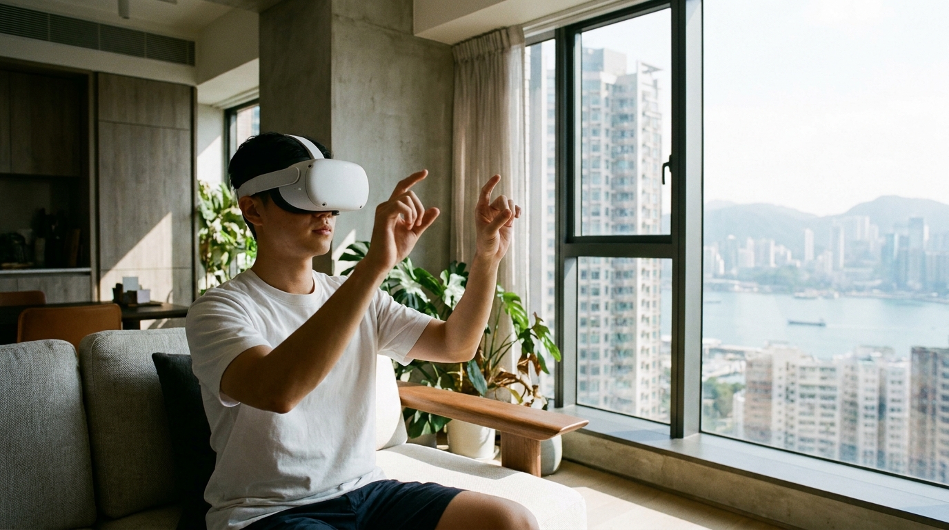 a young man wearing a sleek white VR headset sitting on a sofa in a modern living room, making a pinching gesture in mid-air with both hands, with sunlight streaming through a huge floor-to-ceiling window nearby
