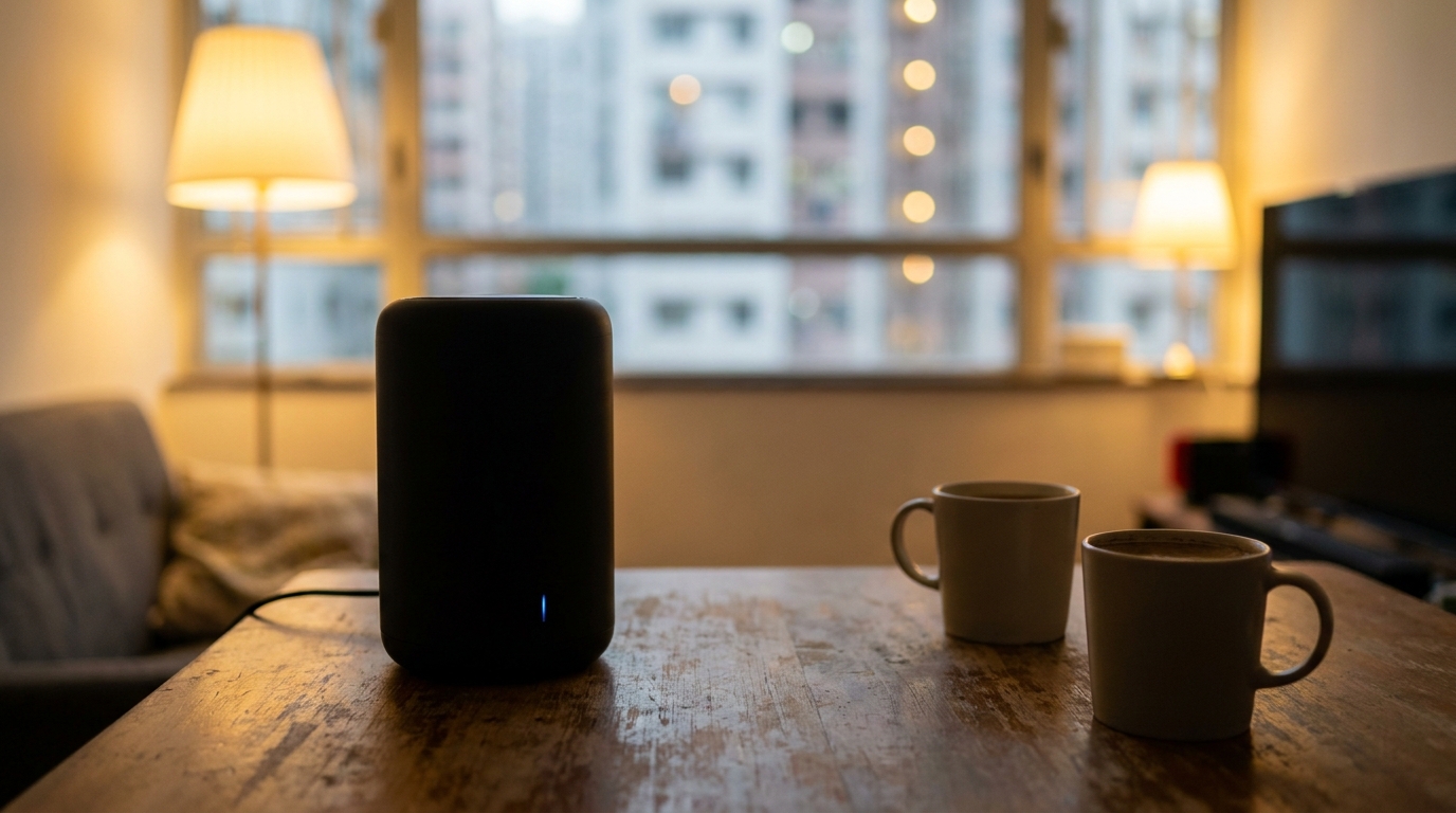 a modern black cylindrical router emitting a faint blue light placed on a minimalist wooden table, with two cups of coffee nearby, against a blurred background of warm home lighting