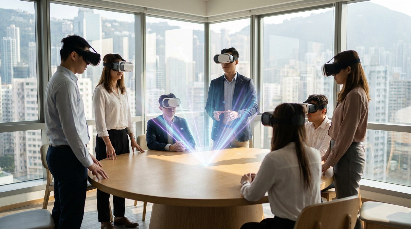 several professionals in business casual attire in a well-lit conference room, each wearing different VR headsets, discussing around a round table with glowing holographic projection beams on the tabletop