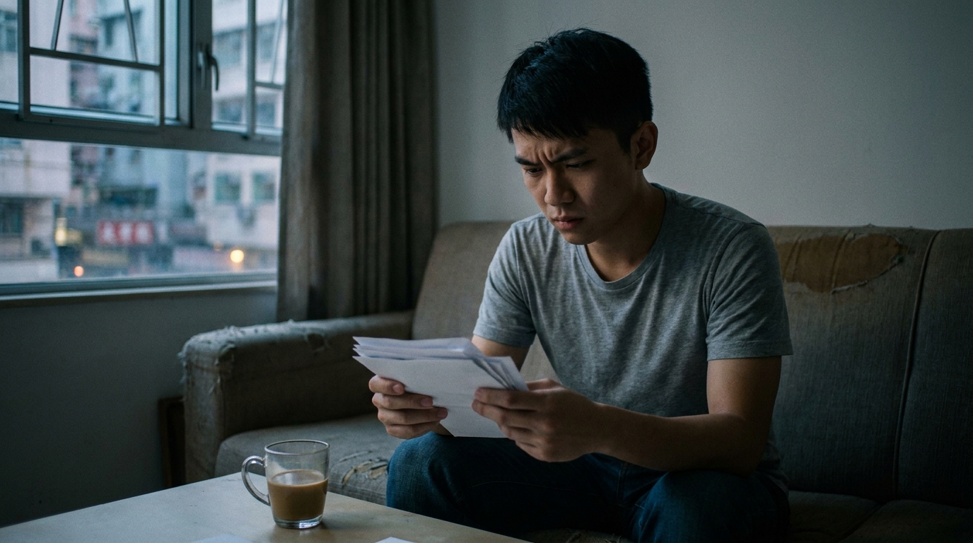 a young man frowning while sitting on a sofa looking at a physical letter in his hand, a half-drunk cup of coffee next to him, dimly lit living room, feeling helpless