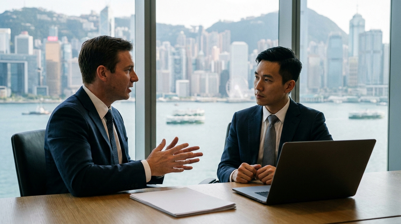 two business people in suits talking in a meeting room, a stack of documents and a laptop on the table, bustling daytime Hong Kong skyscrapers visible through the large window