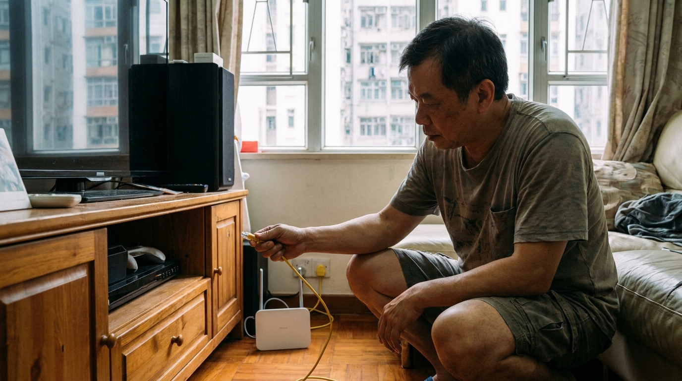 a man in casual clothes squatting in front of a living room TV cabinet, holding a yellow ethernet cable, about to plug it into a wall socket, a brand new router next to him