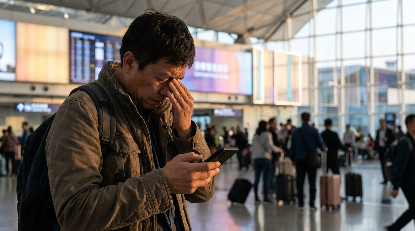 A stressed traveler looking at their smartphone at a busy airport terminal, soft glowing airport screens in the background