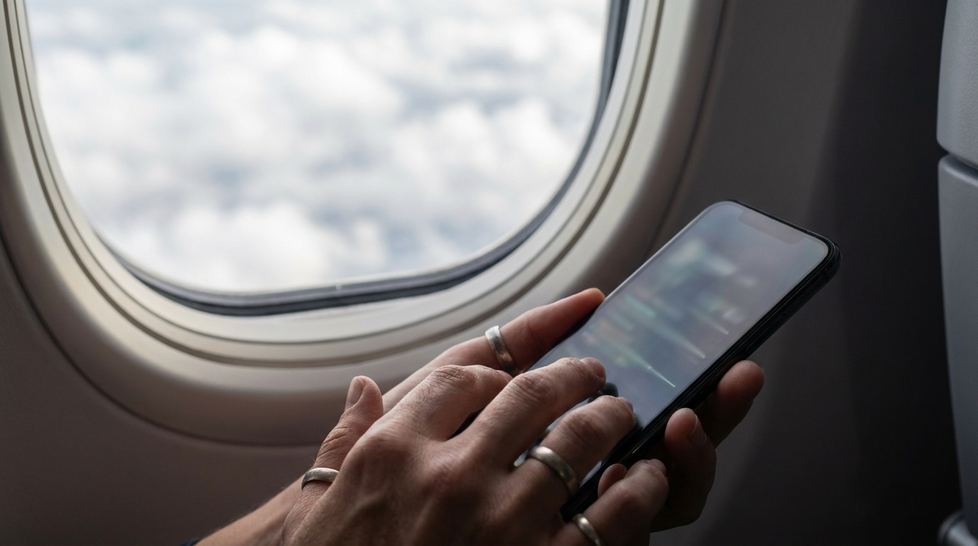 Close up of hands holding a modern smartphone swiping through settings menu, with a blurred airplane window in the background showing clouds