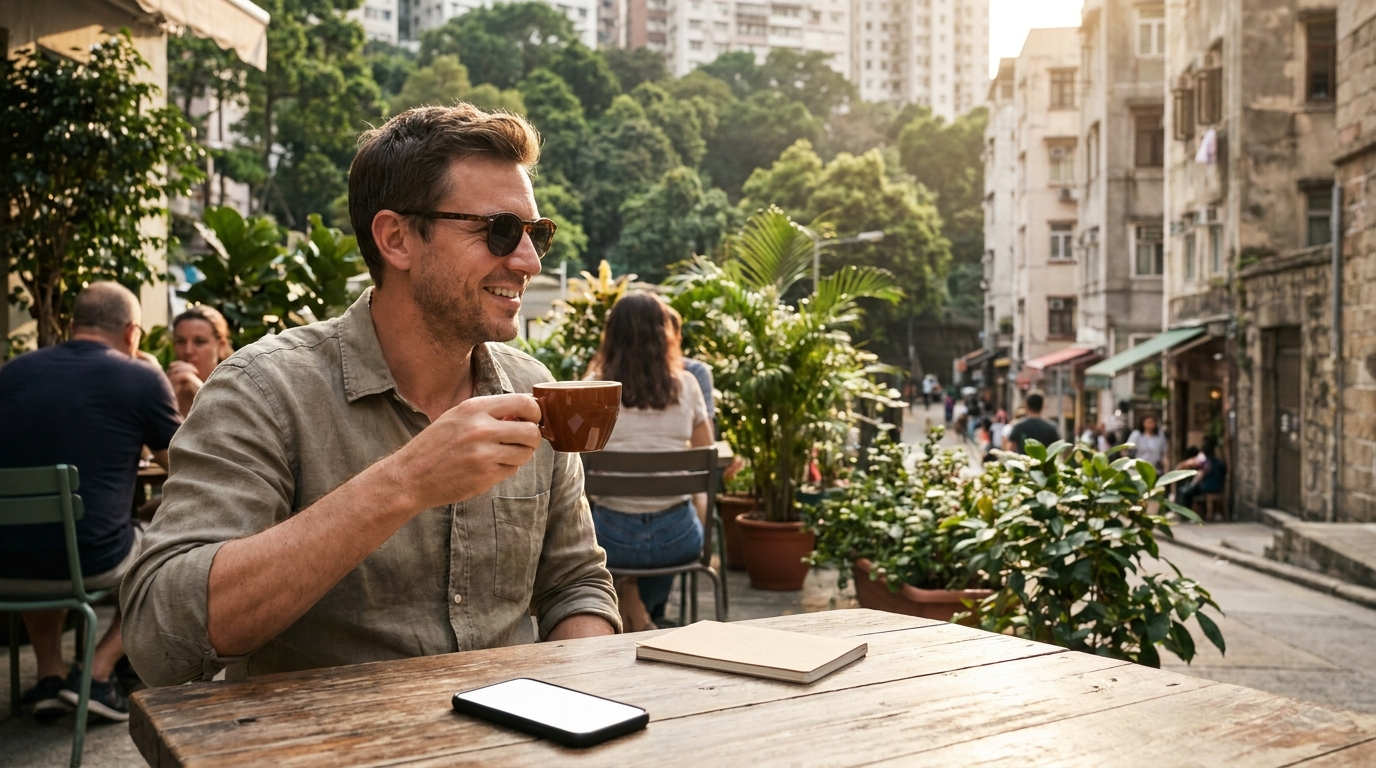A relaxed tourist sitting at a sunny outdoor cafe in Europe enjoying a cup of coffee with a smartphone resting on the wooden table
