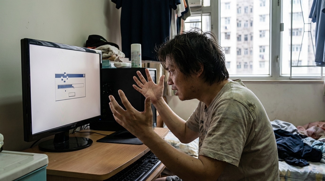 a person losing their temper at a computer with a loading screen stuck on the monitor