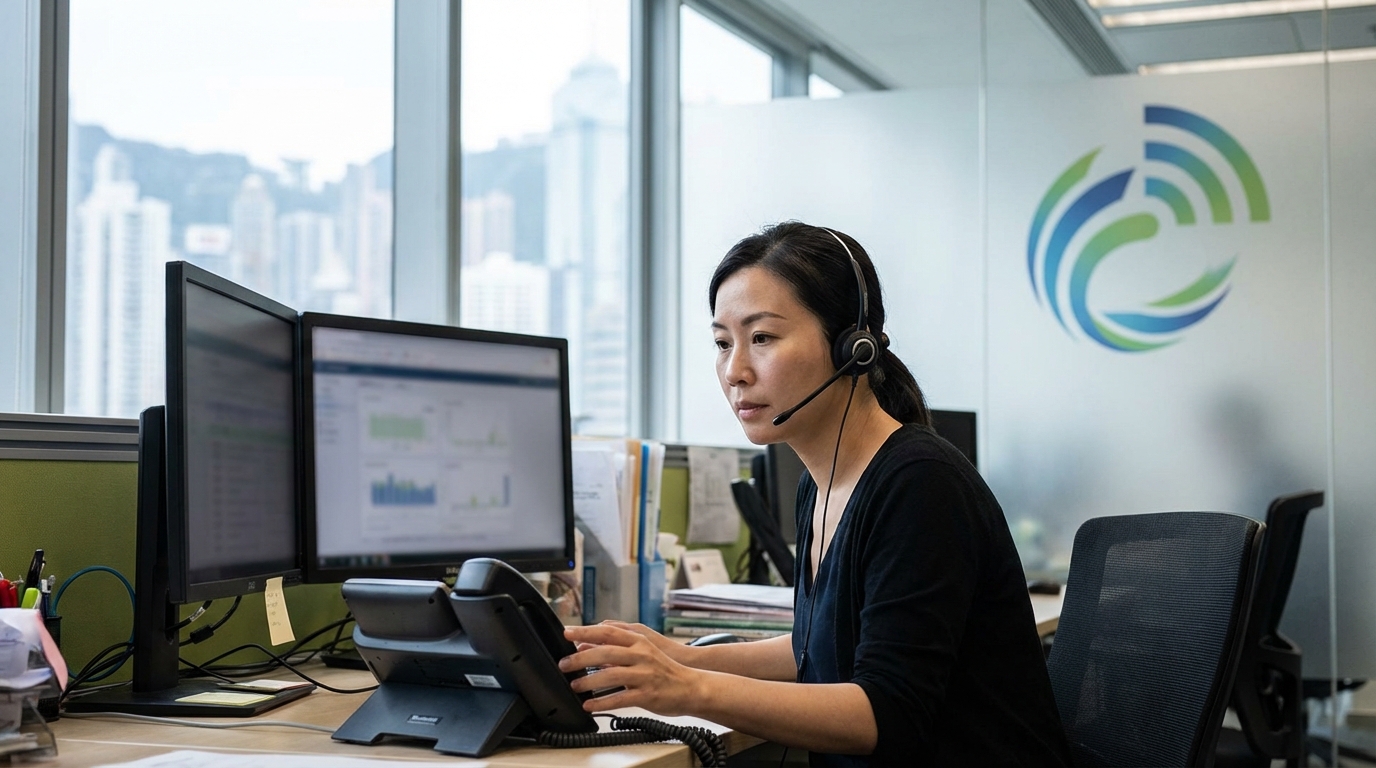 a customer service rep wearing a headset on a call, with the OFCA logo next to them