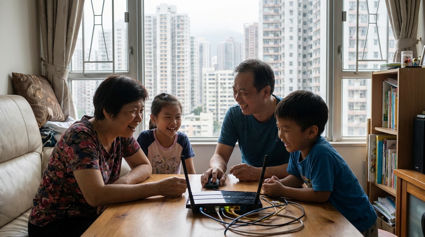 a screenshot of the King Broadband website or a happy family surfing the internet