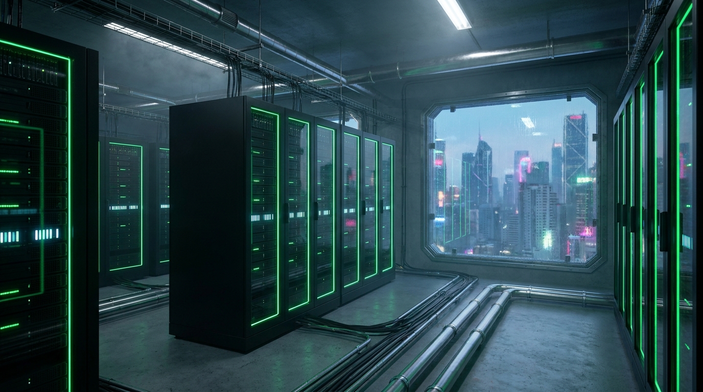 A modern server room with racks illuminated by green LED lights, dimly lit but full of futuristic tech vibes, no text or logos