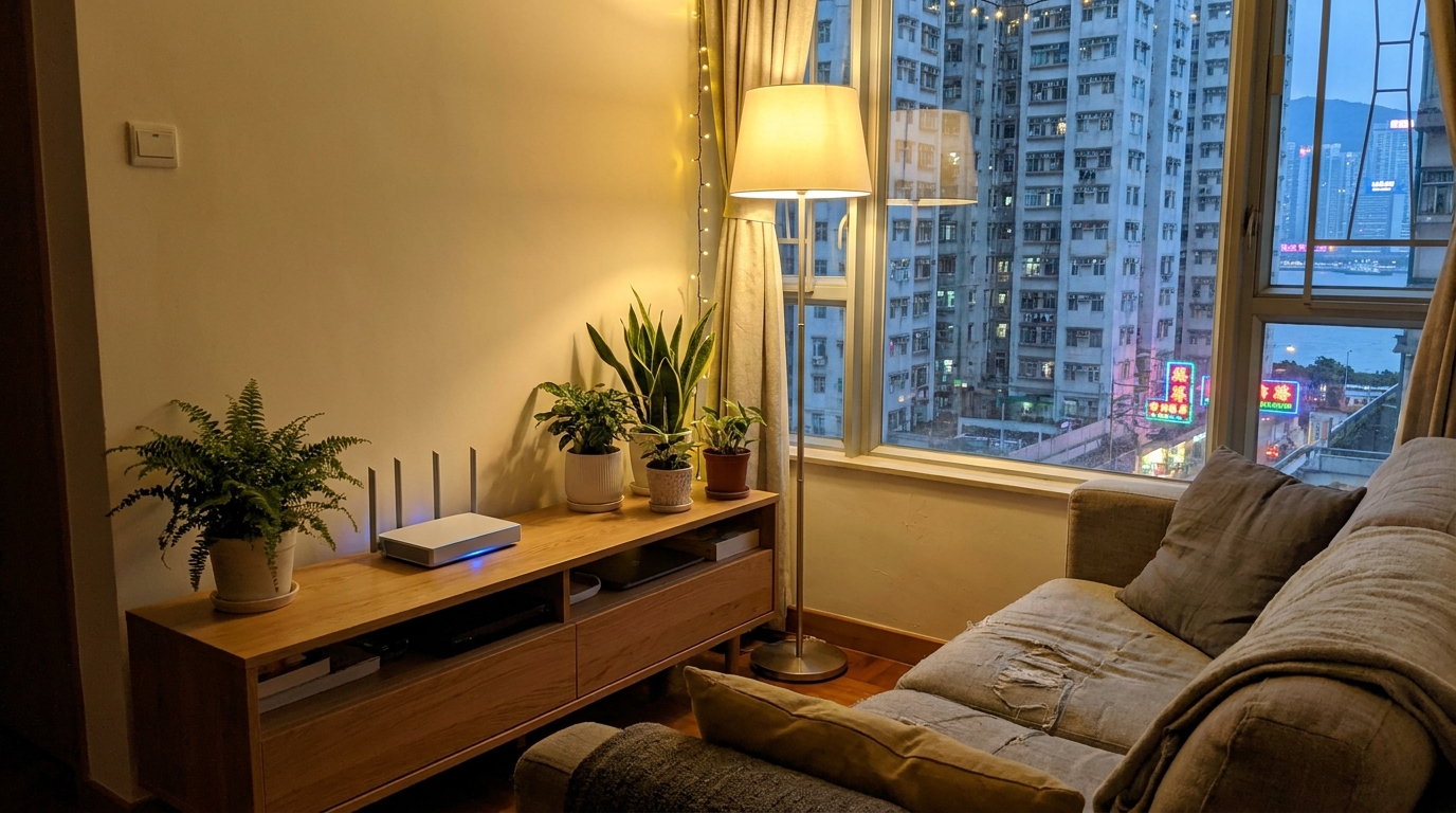 A cosy Hong Kong living room at night, featuring a glowing modern router on a TV cabinet next to some green potted plants, soft lighting