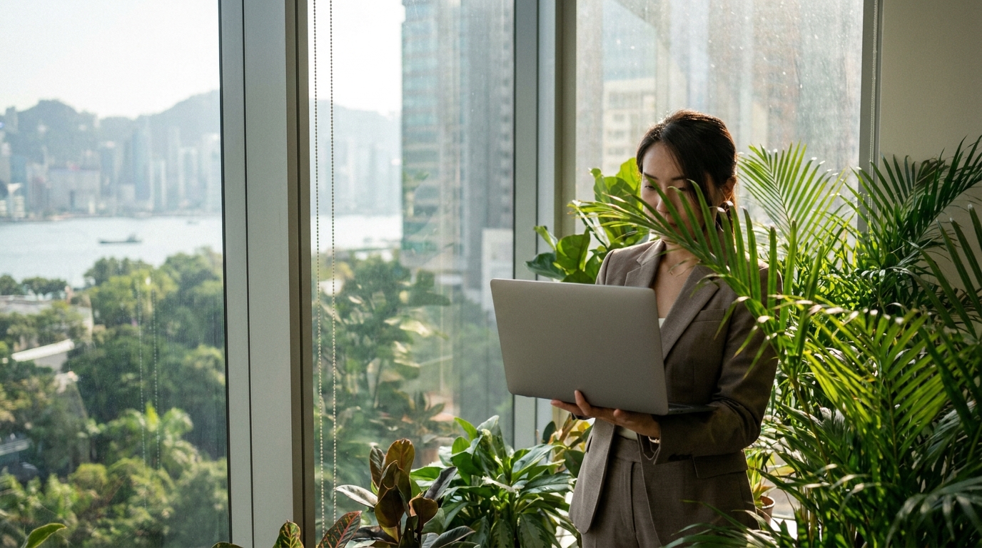 A woman in a neat suit working intently on a laptop in a sunny office with large floor-to-ceiling windows and lots of green plants