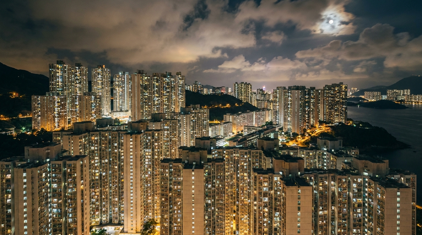 從高處俯瞰密集嘅住宅大廈夜景，每戶窗戶透出暖黃色同白色的燈光，展現出大型屋苑嘅生活氣息，天空有少少雲