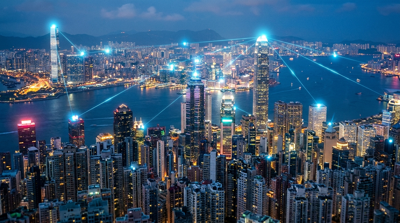 一個充滿未來感嘅香港夜景，高樓大廈之間有發光嘅藍色節點同連接線互相交織，無任何文字、招牌或商標
