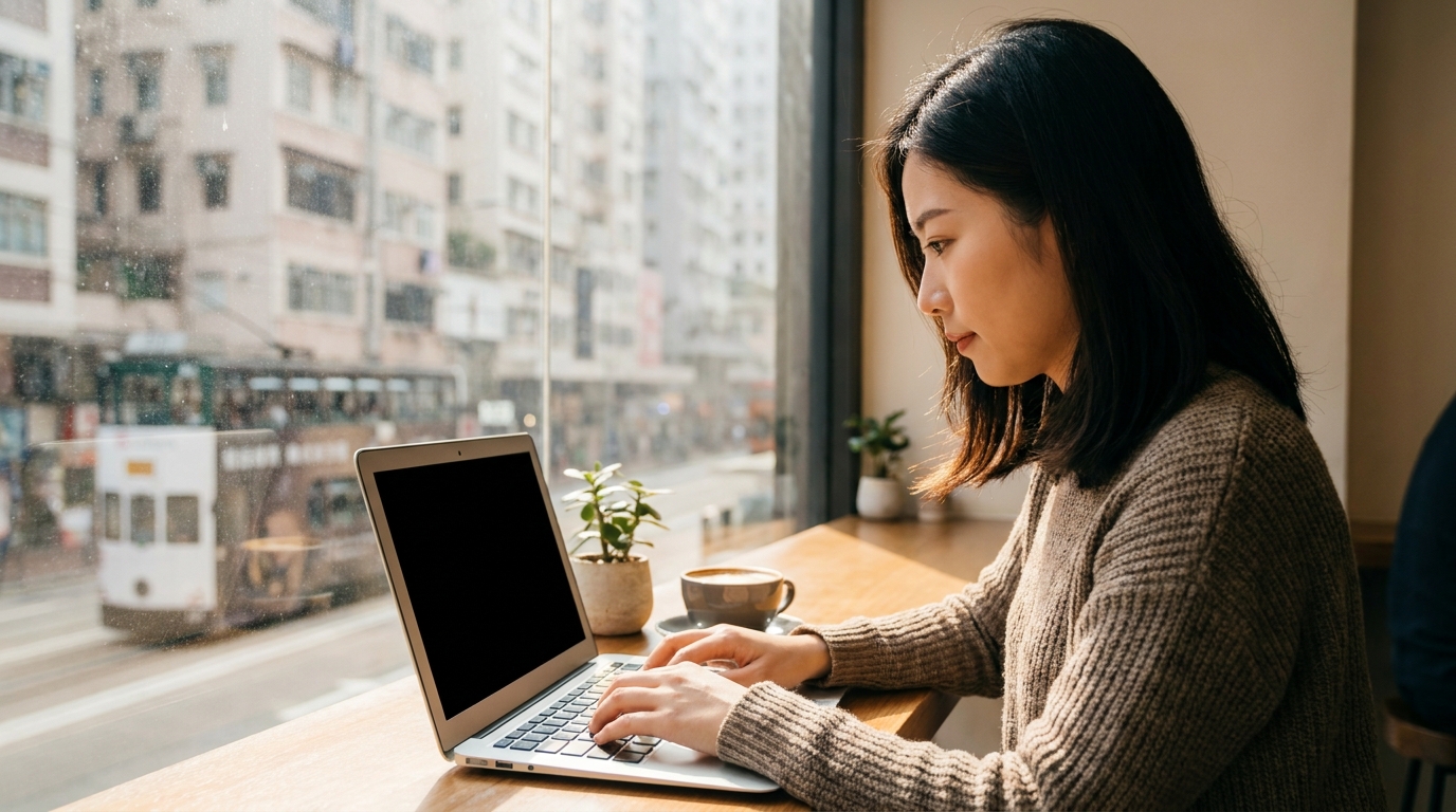 A young Asian woman sitting in a modern coffee shop, typing on a sleek silver laptop, bright natural lighting, warm atmosphere with a cup of coffee on the table