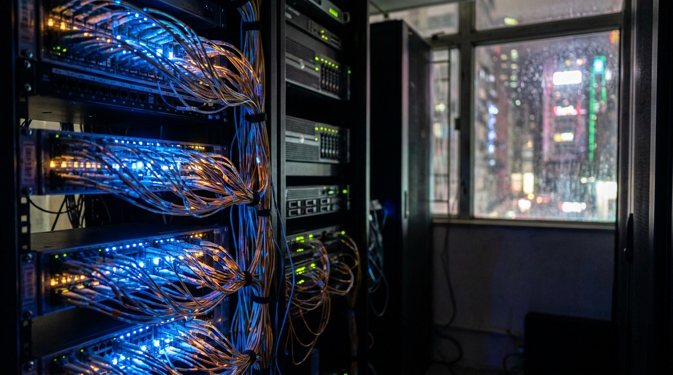 Close up of glowing blue and amber fiber optic cables in a dark high-tech server room, representing data transfer and network routing