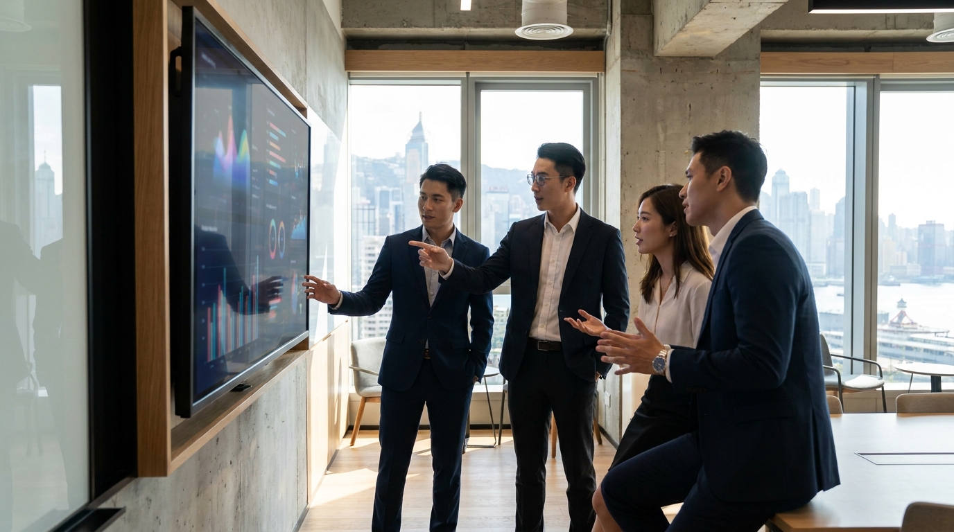 A team of diverse business professionals in a modern Hong Kong office discussing data on a large digital screen, bright daylight, professional atmosphere