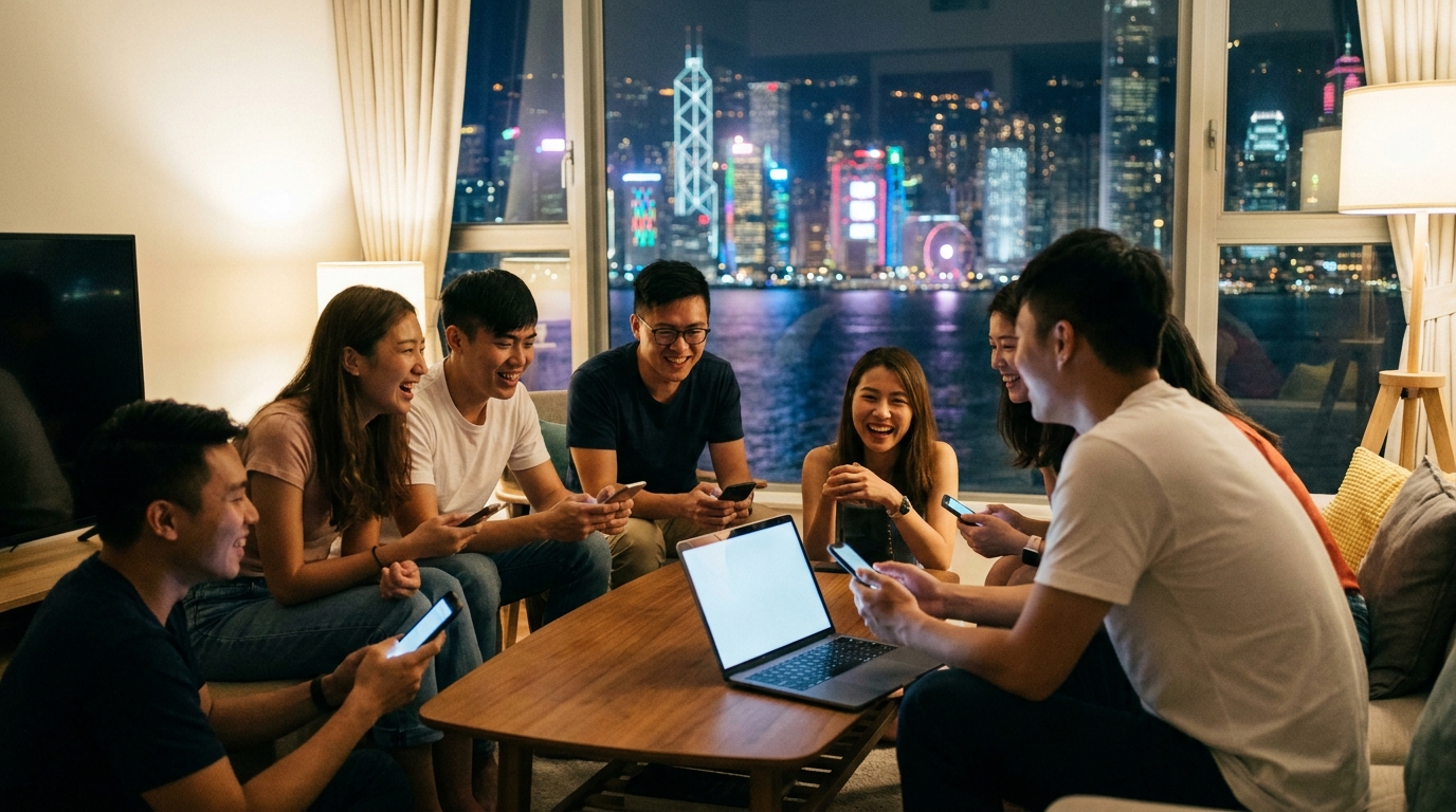 a group of young people in a modern living room, some using laptops, some on their phones, gathered around a coffee table with a lively atmosphere, Hong Kong high-rise night view in the background, soft and warm indoor lighting