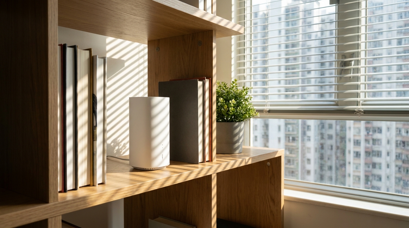 a white cylindrical router placed on a wooden bookshelf, next to a few hardcover books and a small green potted plant, sunlight shining into the room through blinds, giving a clean and modern feel