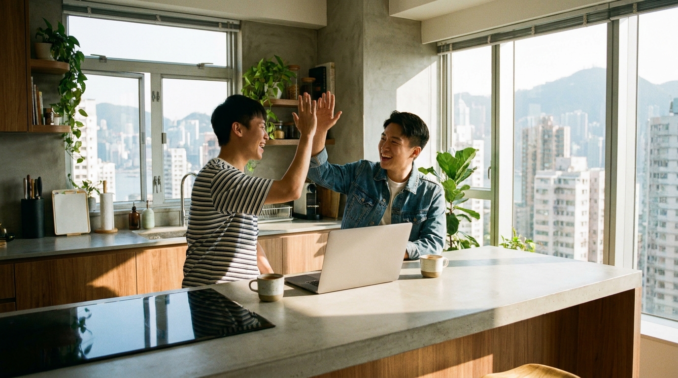 two young men high-fiving in front of a modern kitchen bar counter, a laptop and two cups of coffee on the counter, they are smiling brightly, plenty of sunlight, full of lifestyle vibes
