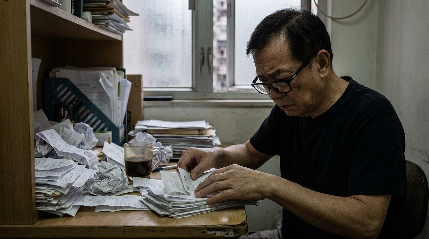 A man wearing black-framed glasses sitting at a wooden desk covered in documents, frowning as he sorts through stacks of receipts, with a half-empty cup of coffee on the desk under dim lighting.