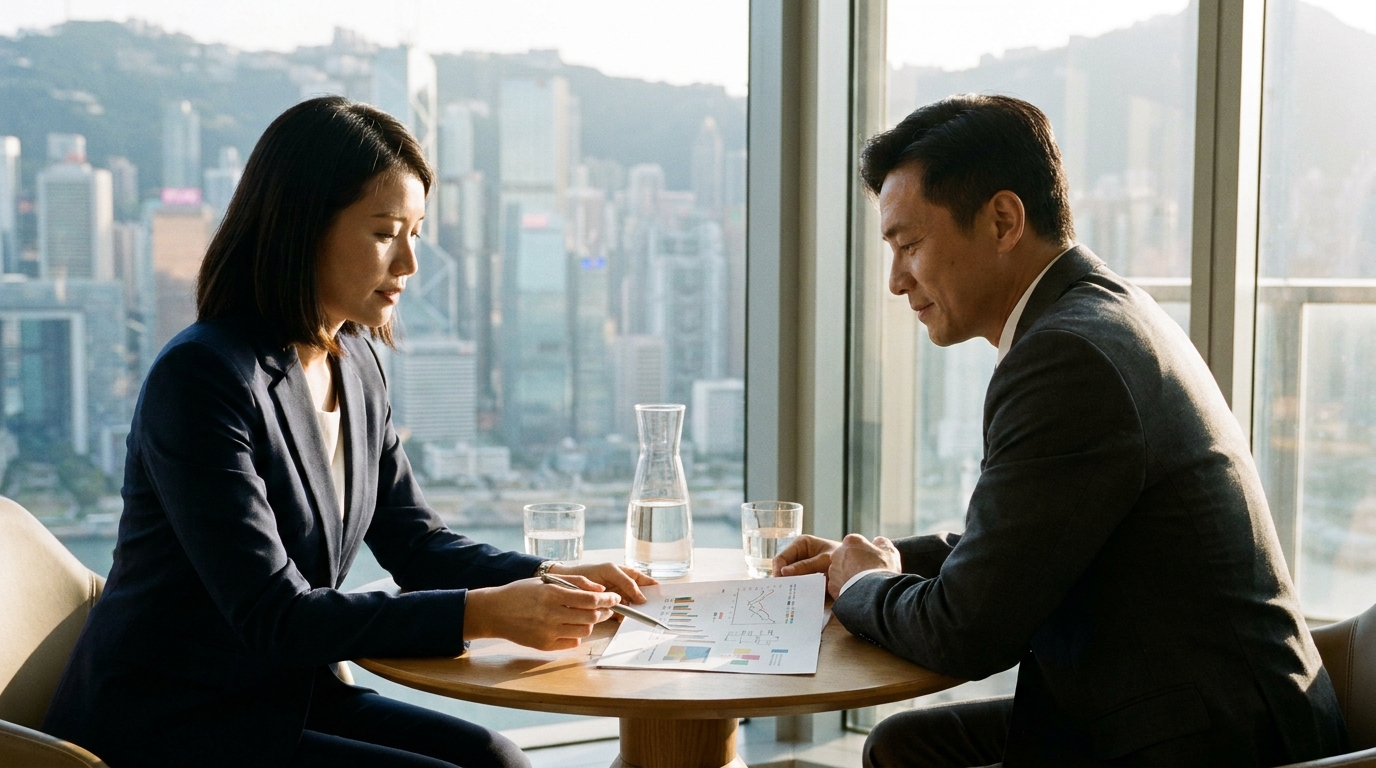 A man and a woman in neat suits sitting at a round table having a calm discussion, with the woman pointing at a document on the table with a pen, as sunlight streams into the meeting room through floor-to-ceiling windows.