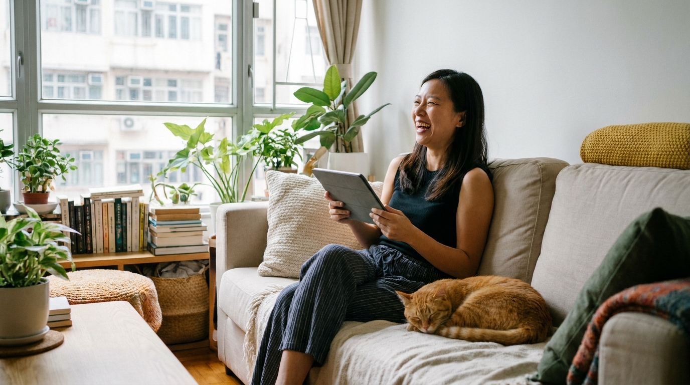 A smiling woman sitting on a sofa at home, browsing the internet on a tablet, with a sleeping cat next to her in a warm and brightly lit room.