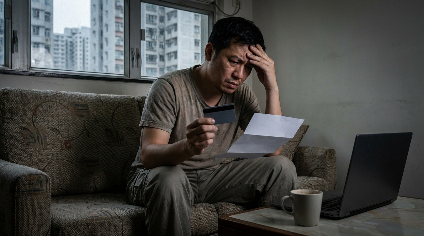 a frowning 30-year-old Hong Kong man sitting on a sofa at home, holding a physical credit card and a monthly statement, with a laptop nearby, slightly dim lighting, conveying a frustrated atmosphere