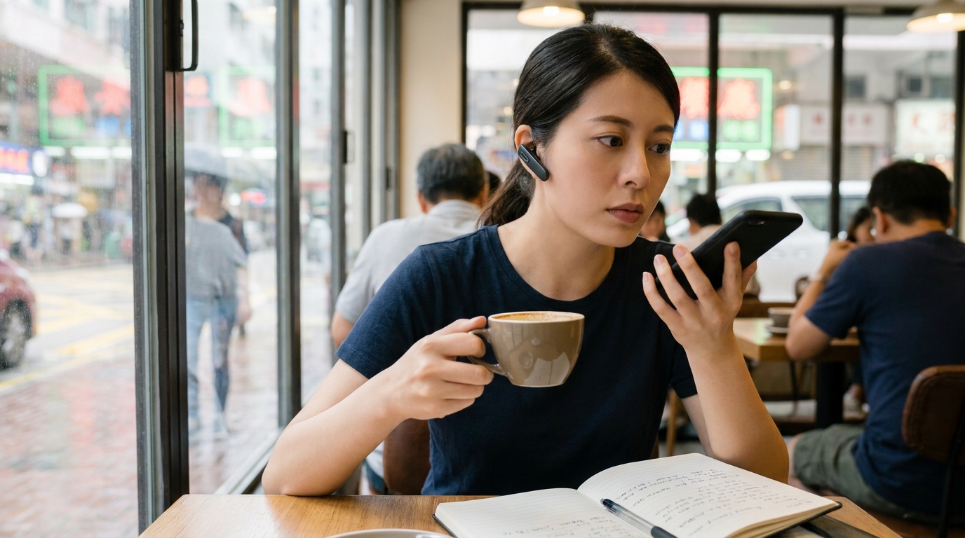 a young woman wearing Bluetooth earphones in a well-lit cafe, drinking coffee while talking on her mobile phone, a notebook full of notes on the table, looking serious but calm