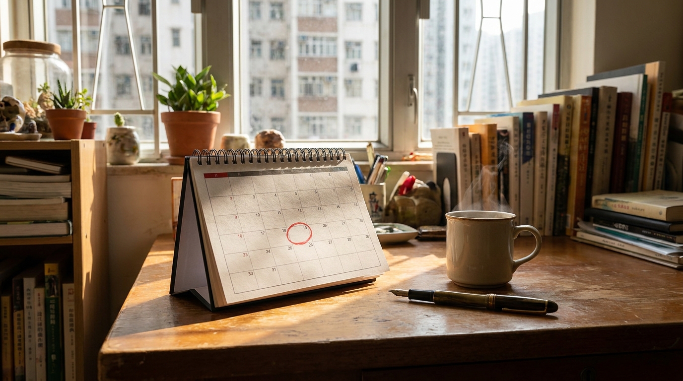 an open physical desk calendar with one day circled in red pen, a cup of hot tea and a fountain pen nearby, set in a cozy Hong Kong home study with sunlight streaming through the window