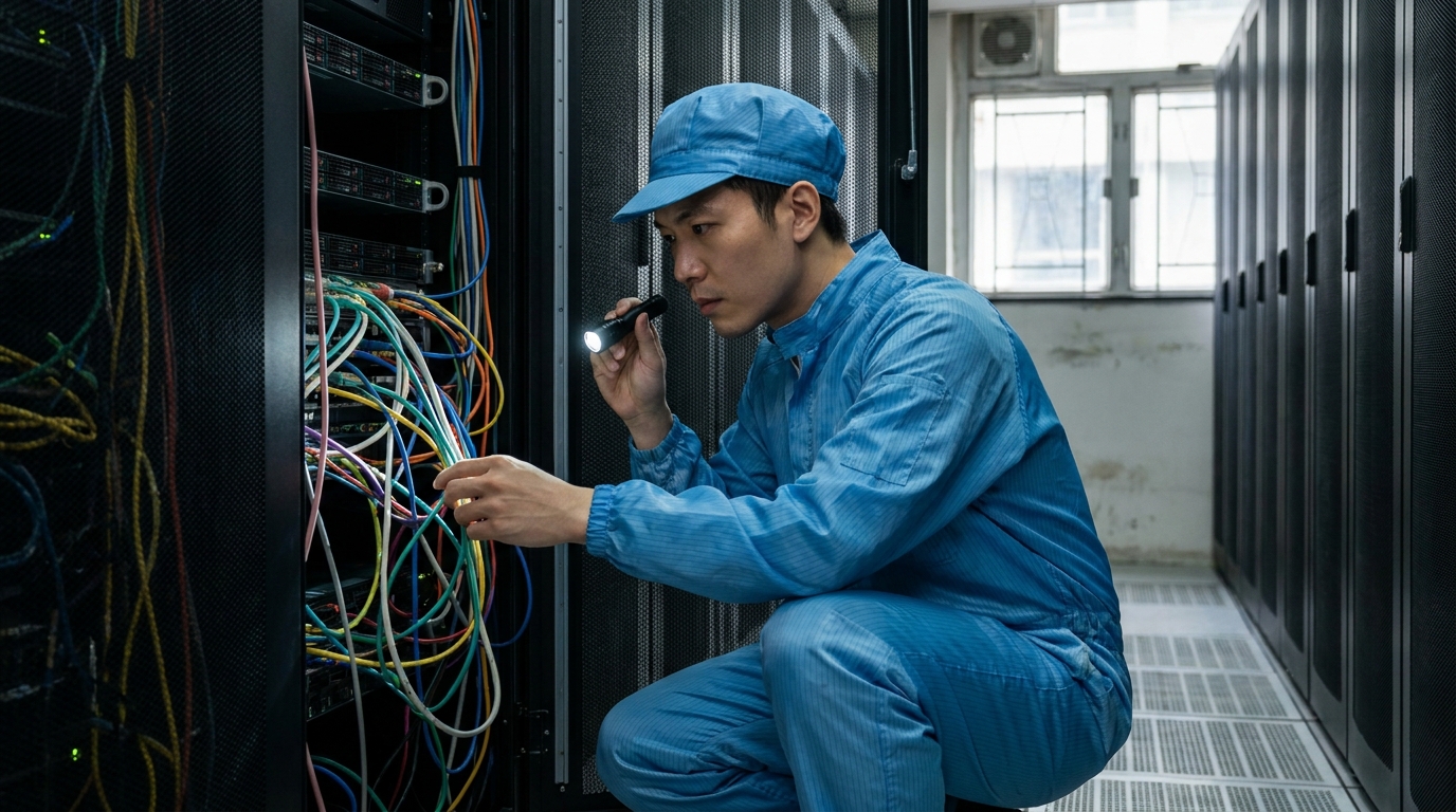 一個穿著整齊防靜電工作服嘅工程師，正喺數據中心機櫃前面，用電筒仔仔細檢查伺服器嘅接線，神情專注
