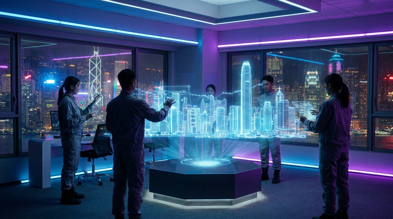A modern control centre with several engineers gathered around a 3D holographic projection of Hong Kong skyscrapers made of glowing blue lines in the middle of the room, featuring a high-tech atmosphere with predominantly blue and purple lighting